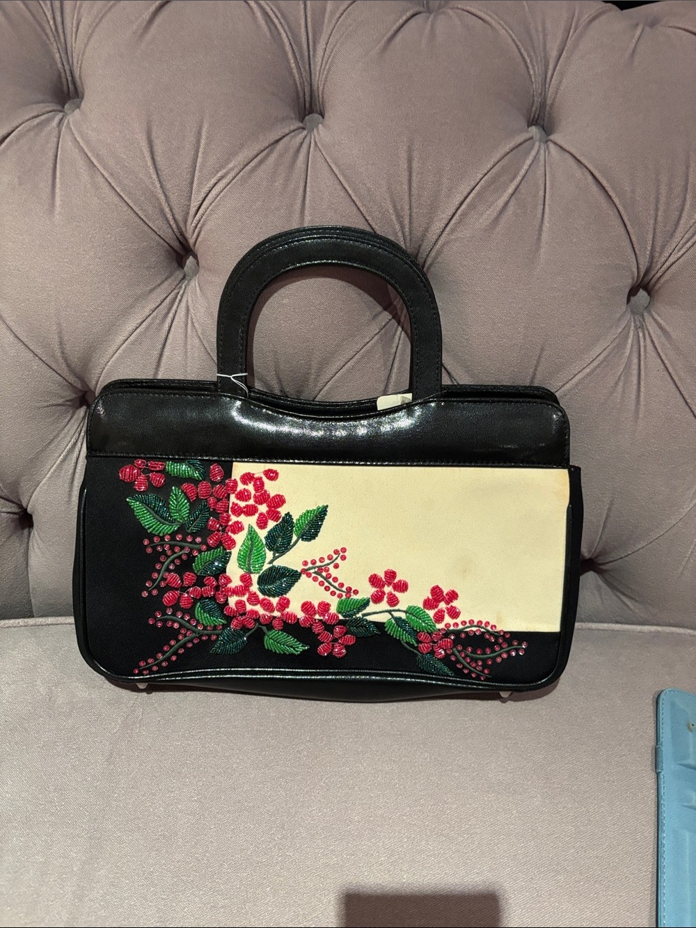 Isabella Fiore Black and Cream Floral Embroidered Top-Handle Bag